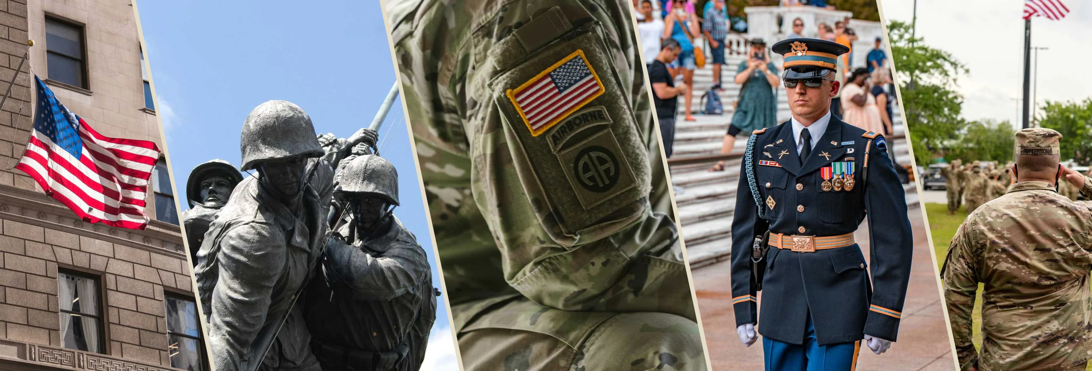 Service collage: U.S. flag, Marine Corps War Memorial, 82nd Airborne shoulder patch, Honor Guard in dress blues, and service members in formation.